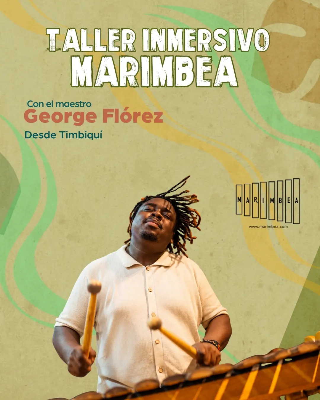 Poster for the Marimbea immersive workshop with master George Flórez, from Timbiquí